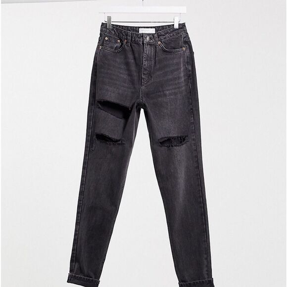 TOPSHOP SIZE 6 TALL HIGH WAISTED TAPERED LEG WASHED BLACK MOM JEANS - Picture 2 of 11
